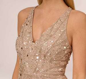Hand-Beaded Halter Short Fit-And-Flare Cocktail Dress In Taupe