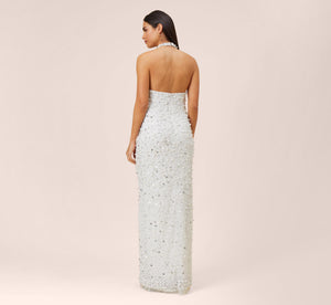 Hand-Beaded Halter Long Column Gown In Ivory Silver