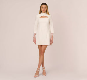 Feather Trimmed Crepe A-Line Short Sheath Cocktail Dress In Ivory