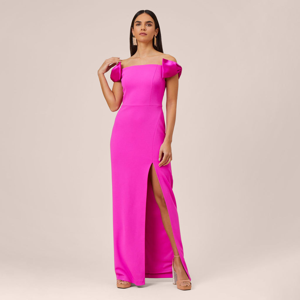 Stretch Crepe Off-The-Shoulder Long Column Gown With Bows In Pink